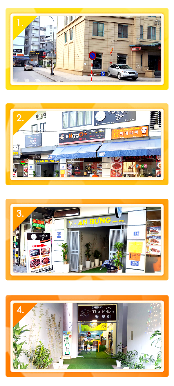 1. 택시를 타고 미딩 송다(한인촌) <span>1F V- An Hưng, số 24, ngõ 2, đường Trần Văn Lai, phường Mỹ Đình 1, quận Nam Từ Liêm</span> 로 가자고 해주세요.
2. 택시에서 내린후 로컬 헬스장이 보이시는 골목사이로 직진하시면 엥꼬치킨 간판과 찌개나라 간판이 보이실거예요.
3. 입구 왼쪽 끝에는 호텔Mai가 보이실테니 참고하시면 되세요.
4. 입간판 확인후 안으로 들어가시면 달맞이 입구로 들어오시면 됩니다. 
5. 혹시라도 위치를 찾기가 어려우시면 <b>0972 461 332</b> 로 전화주세요.